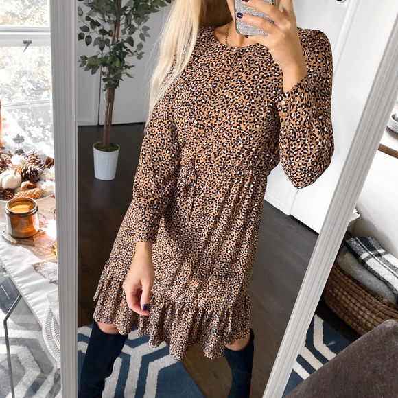 🍂 TALBOTS TAN BLACK ANIMAL PRINT LOOSE LONG SLEEVD DRESS! - Picture 12 of 14